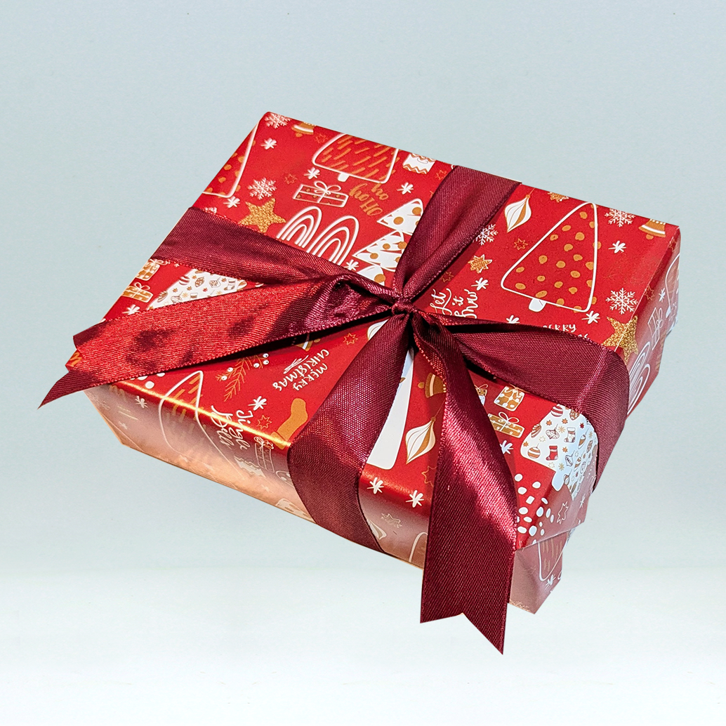 Festive wrapping paper with ribbon