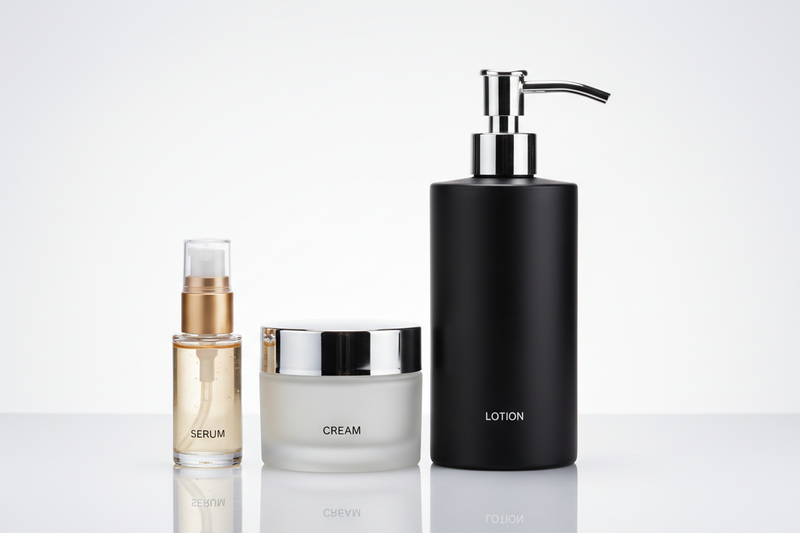 μικρή μεσαία μεγαλύτερη συσκευασία καλλυντικού. Κάνε μια εικόνα με διαφορετικά μεγέθη και είδη συσκευασιών καλλυντικου (πχ 30μλ, 100μλ, 500μλ)