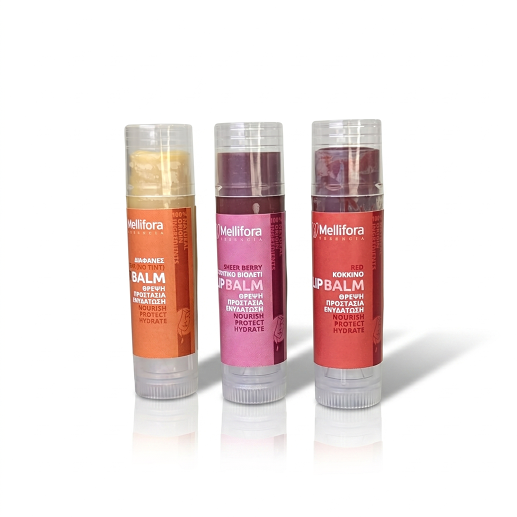 lip balm σετ τριών χρωμάτων (διαφανές-βιολετί-κόκκινο) Mellifora