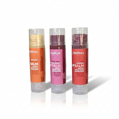 lip balm σετ τριών χρωμάτων (διαφανές-βιολετί-κόκκινο) Mellifora